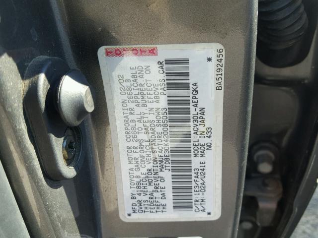 JTDBE30K420085053 - 2002 TOYOTA CAMRY LE GRAY photo 10