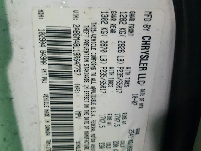 2A8GM48L18R647767 - 2008 CHRYSLER PACIFICA L 白色 照片 10