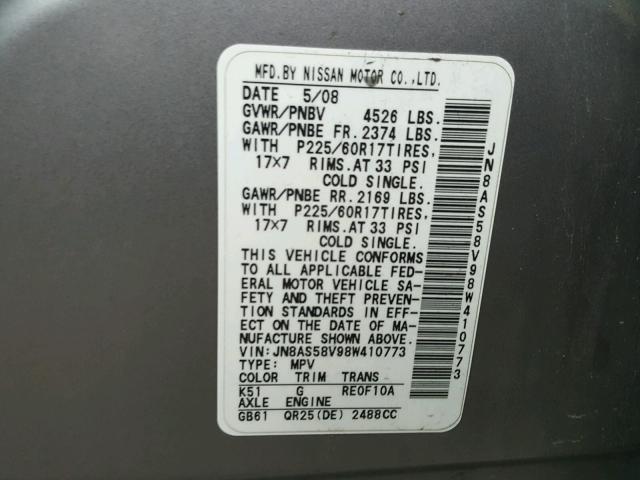 JN8AS58V98W410773 - 2008 NISSAN ROGUE S SILVER photo 10