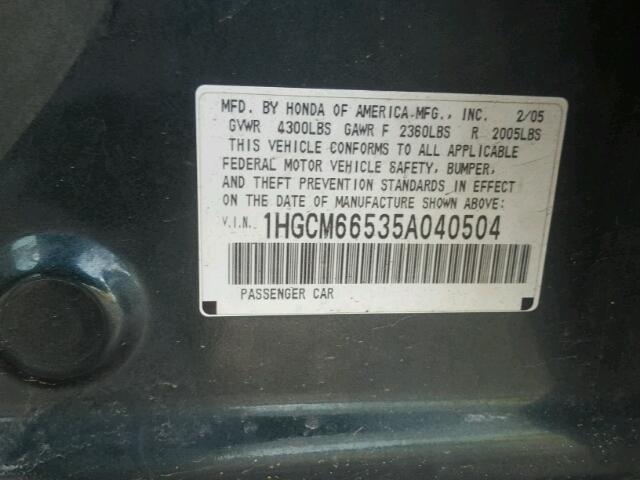 1HGCM66535A040504 - 2005 HONDA ACCORD EX CHARCOAL photo 10