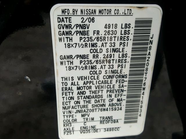 JN8AZ08T76W415934 - 2006 NISSAN MURANO SL BLACK photo 10