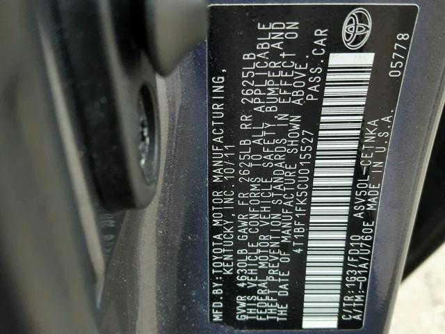 4T1BF1FK5CU015527 - 2012 TOYOTA CAMRY BASE GRAY photo 10