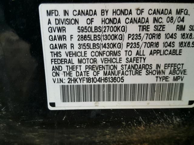 2HKYF18104H613605 - 2004 HONDA PILOT LX BLACK photo 10