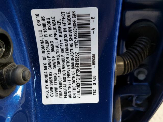 19XFC1F73GE019882 - 2016 HONDA CIVIC EXL 蓝色 照片 10