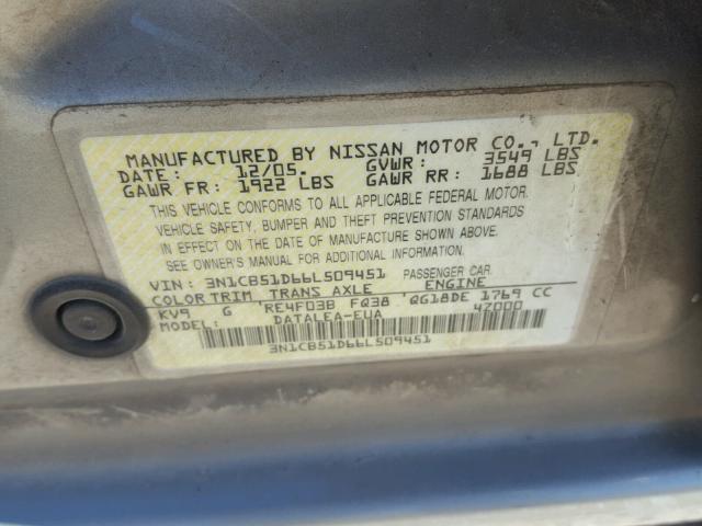 3N1CB51D66L509451 - 2006 NISSAN SENTRA 1.8 CHARCOAL photo 10