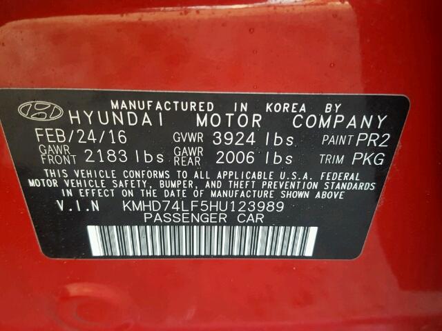 KMHD74LF5HU123989 - 2017 HYUNDAI ELANTRA SE RED photo 10