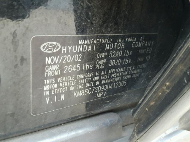 KM8SC73D93U412305 - 2003 HYUNDAI SANTA FE G BLACK photo 10