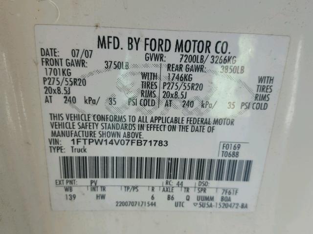 1FTPW14V07FB71783 - 2007 FORD F150 SUPER WHITE photo 10