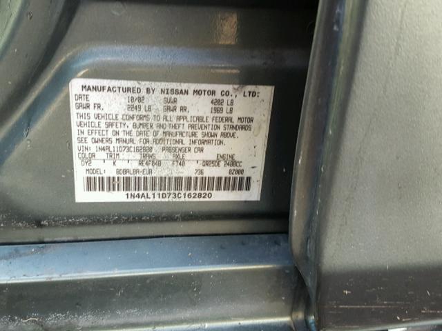 1N4AL11D73C162820 - 2003 NISSAN ALTIMA BAS GREEN photo 10