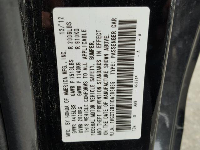 1HGCT2B81DA003865 - 2013 HONDA ACCORD EXL BLACK photo 10