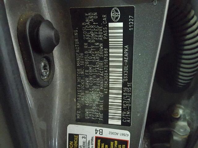 4T1BK36B47U187688 - 2007 TOYOTA AVALON XL GRAY photo 10