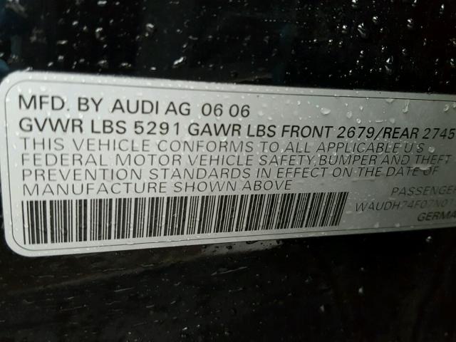 WAUDH74F07N017568 - 2007 AUDI A6 3.2 QUA BLACK photo 10