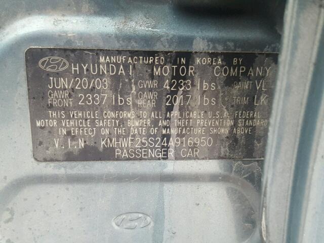 KMHWF25S24A916950 - 2004 HYUNDAI SONATA GL GRAY photo 10