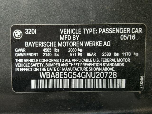 WBA8E5G54GNU20728 - 2016 BMW 320 XI CHARCOAL photo 10