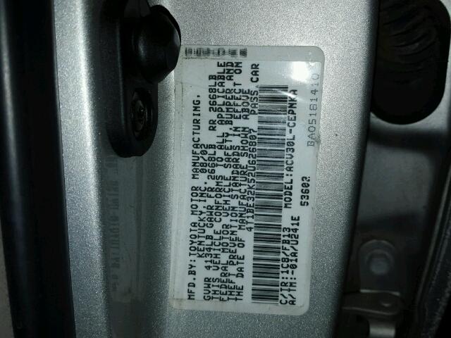 4T1BE32K52U626807 - 2002 TOYOTA CAMRY LE SILVER photo 10