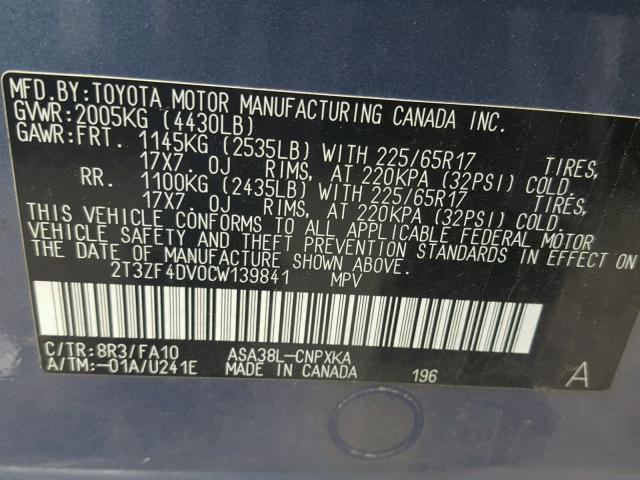 2T3ZF4DV0CW139841 - 2012 TOYOTA RAV4 BLUE photo 10