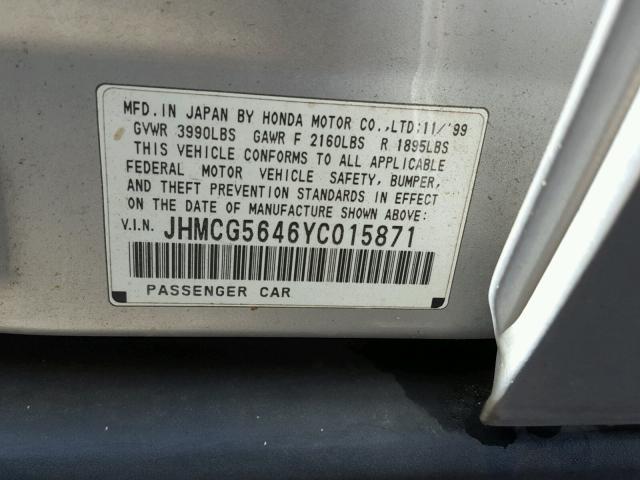 JHMCG5646YC015871 - 2000 HONDA ACCORD LX SILVER photo 10