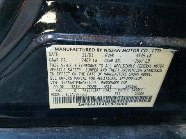 1N4BA41E46C824006 - 2006 NISSAN MAXIMA SE BLACK photo 10