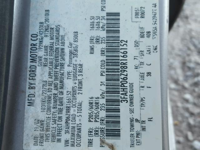 3FAHP06Z98R166152 - 2008 FORD FUSION S SILVER photo 10