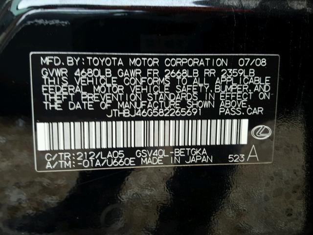 JTHBJ46G582265691 - 2008 LEXUS ES 350 BLACK photo 10