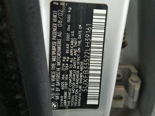 5UXFB33522LH39161 - 2002 BMW X5 4.4I SILVER photo 10