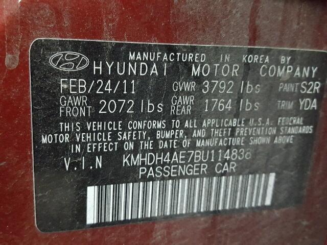 KMHDH4AE7BU114838 - 2011 HYUNDAI ELANTRA GL RED photo 10