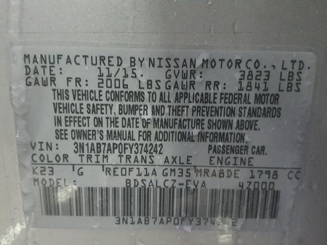 3N1AB7AP0FY374242 - 2015 NISSAN SENTRA S SILVER photo 10