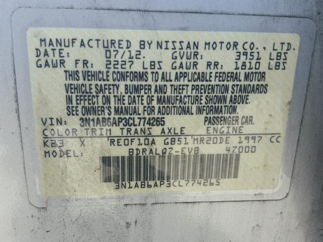 3N1AB6AP3CL774265 - 2012 NISSAN SENTRA 2.0 SILVER photo 10