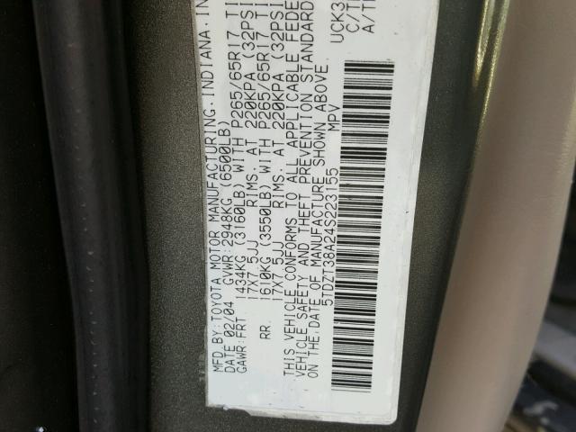 5TDZT38A24S223155 - 2004 TOYOTA SEQUOIA LI CHARCOAL photo 10