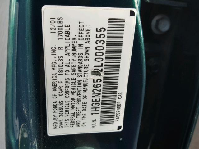 1HGEN26512L000355 - 2002 HONDA CIVIC GX GREEN photo 10