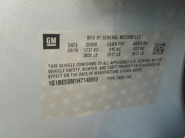 1G1BE5SM1H7148869 - 2017 CHEVROLET CRUZE LT SILVER photo 10