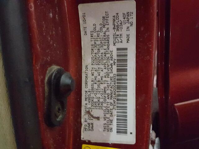 JTEHF21AX20048933 - 2002 TOYOTA HIGHLANDER BURGUNDY photo 10