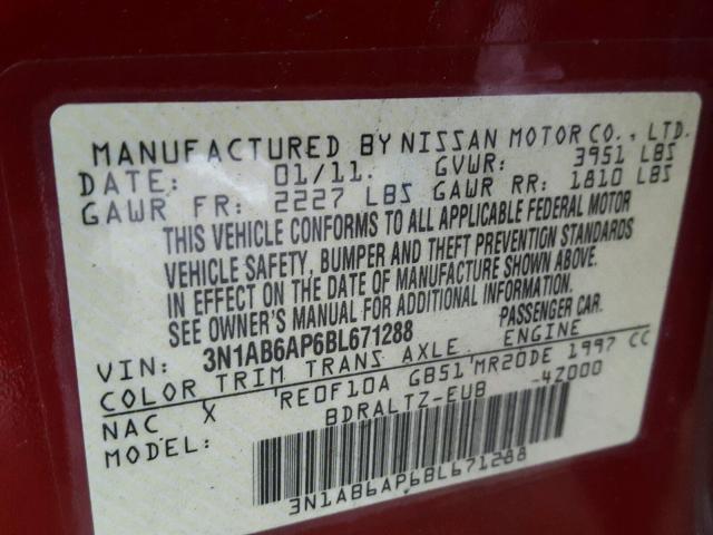 3N1AB6AP6BL671288 - 2011 NISSAN SENTRA 2.0 RED photo 10