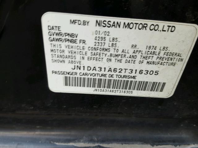 JN1DA31A62T316305 - 2002 NISSAN MAXIMA GLE BLACK photo 10