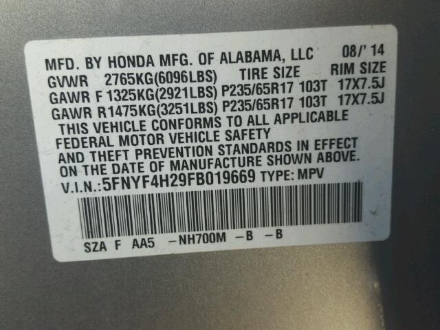 5FNYF4H29FB019669 - 2015 HONDA PILOT LX SILVER photo 10