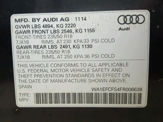 WA1EFCFS4FR006638 - 2015 AUDI Q3 BLACK photo 10