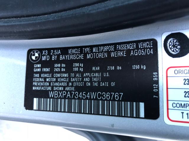 WBXPA73454WC36767 - 2004 BMW X3 2.5I SILVER photo 10