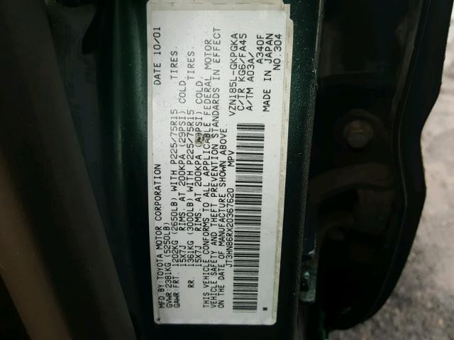 JT3HN86RX20367620 - 2002 TOYOTA 4RUNNER SR GREEN photo 10