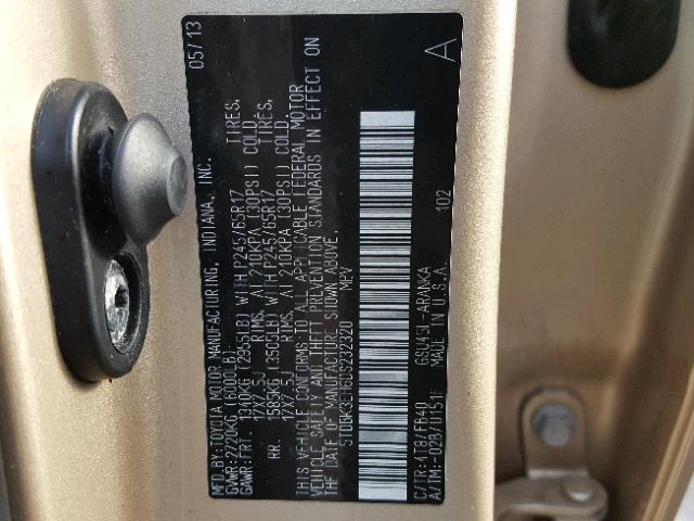 5TDBK3EH6DS232320 - 2013 TOYOTA HIGHLANDER GOLD photo 10