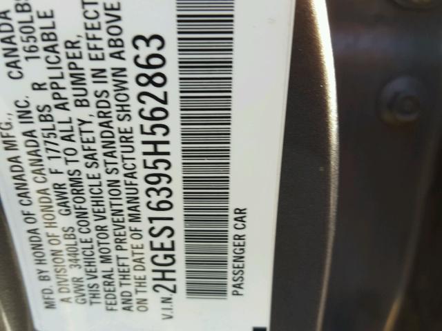 2HGES16395H562863 - 2005 HONDA CIVIC DX V GRAY photo 10