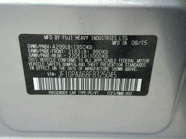 JF1GPAA68F8325045 - 2015 SUBARU IMPREZA SILVER photo 10