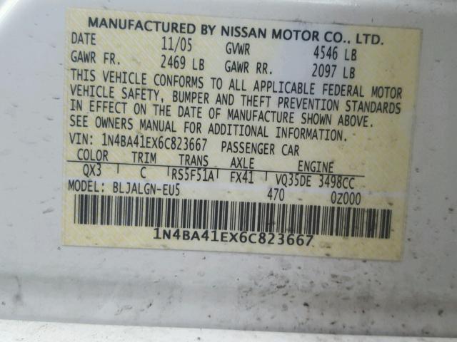 1N4BA41EX6C823667 - 2006 NISSAN MAXIMA SE WHITE photo 10