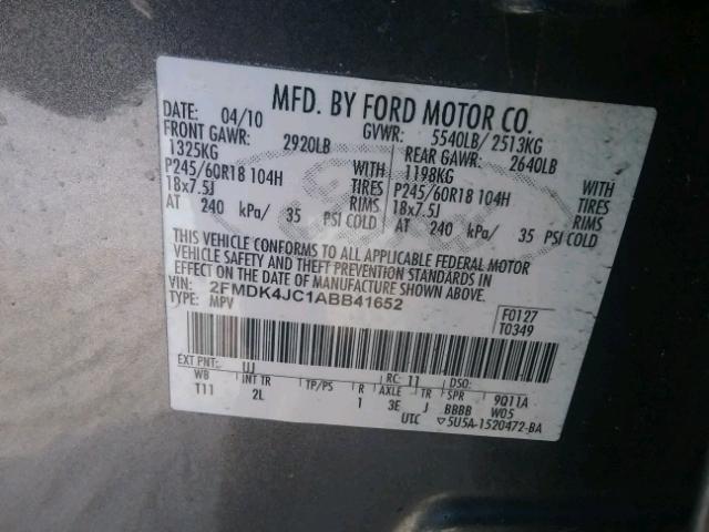 2FMDK4JC1ABB41652 - 2010 FORD EDGE SEL GRAY photo 10