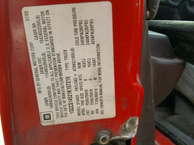 1GCCS14521K107219 - 2001 CHEVROLET S TRUCK S1 RED photo 10