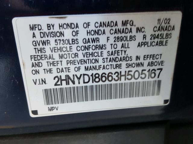 2HNYD18663H505167 - 2003 ACURA MDX TOURIN BLUE photo 10