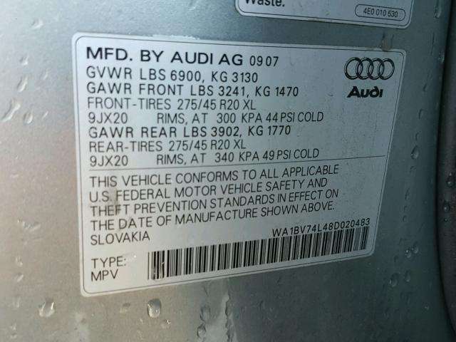 WA1BV74L48D020483 - 2008 AUDI Q7 4.2 QUA GRAY photo 10