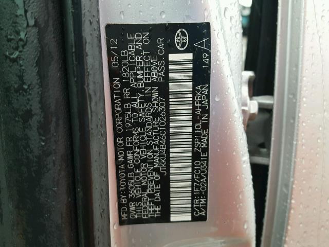 JTKKU4B46C1026307 - 2012 TOYOTA SCION XD SILVER photo 10