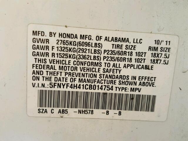 5FNYF4H41CB014754 - 2012 HONDA PILOT EX WHITE photo 10