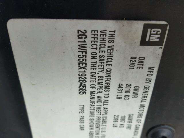 2G1WF55EX19284585 - 2001 CHEVROLET IMPALA 黑色 照片 10