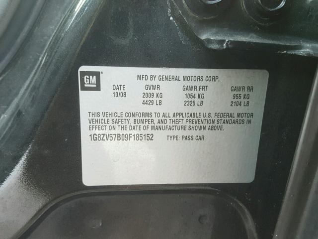 1G8ZV57B09F185152 - 2009 SATURN AURA XR BLACK photo 10